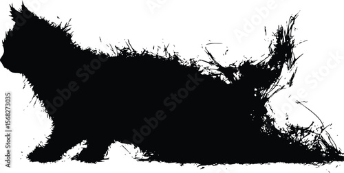Dramatic vector silhouette: playful kitten, ink splatter style