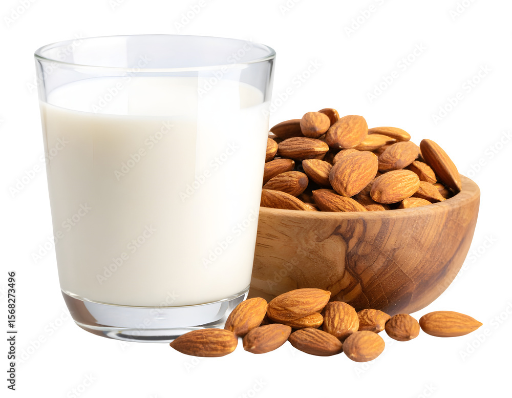 almond milk and almonds in wooden bowl isolated on transparent background Generative Ai.
almond milk and almonds in wooden bowl isolated on transparent background Generative Ai.