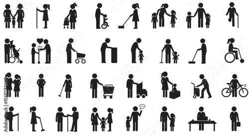 Diverse stick figures depict everyday activities of people interacting in various scenarios on a white background.