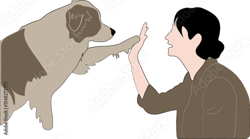 woman and dog, Woman, dog and paw high five in home or learning trick on sofa for animal behavior, obedience or support. Female person, pet and owner best friend or bonding together in apartment, 