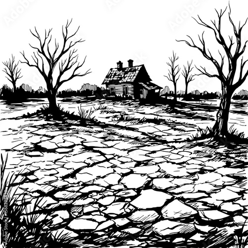 Barren Landscape:A desolate ink drawing showcases drought-stricken land, cracked earth, bare trees, and a lone house, evoking a sense of environmental distress.