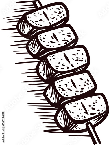 Hand drawn roasted marshmallows on wooden stick vintage engraved sketch black and white isolated illustration