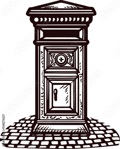 Antique mailbox sketch with ornate details on cobblestone ground black and white vintage illustration