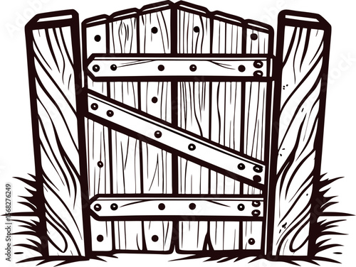 Rustic wooden garden gate with diagonal planks and grass hand drawn black and white illustration
