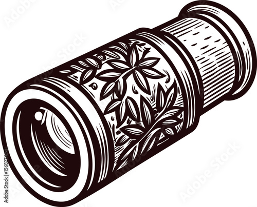 hand drawn vintage spyglass with floral engraving in black and white antique monocular illustration isolated
