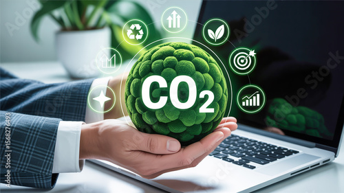 A digital illustration of a hand holding a glowing green spherical CO2 icon against a blurred background