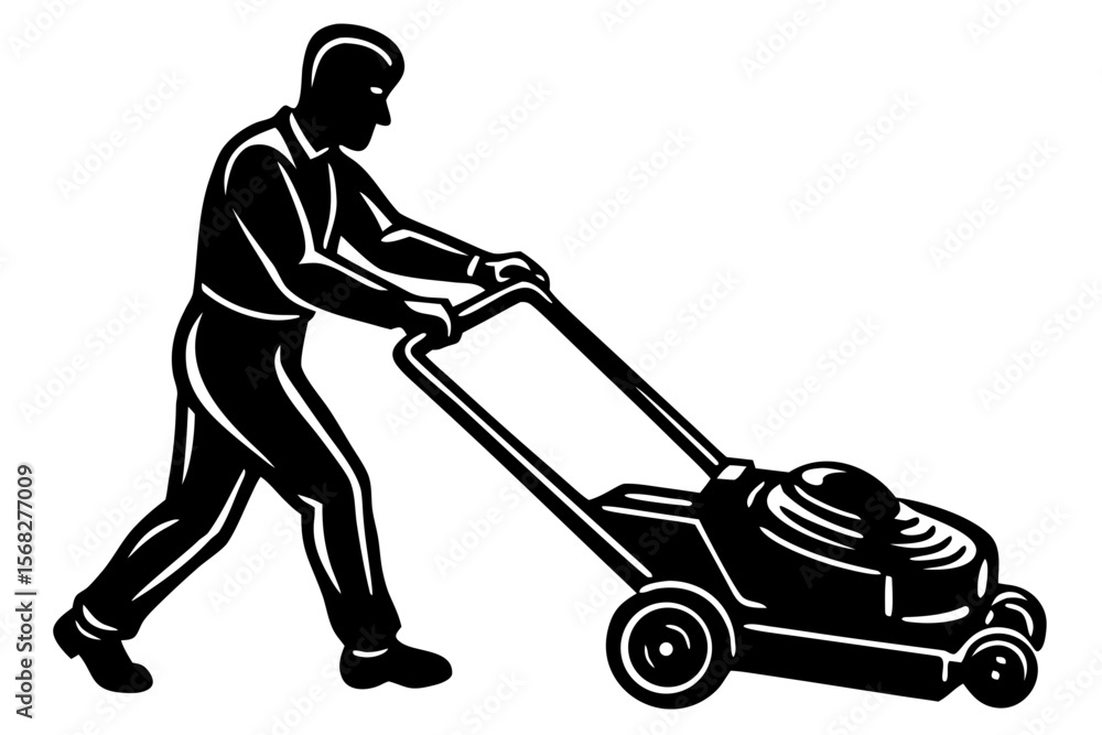 Lawn Care Man Pushing a Lawn Mower - Black and White Illustration Lawn Care Man Pushing a Lawn Mower - Black and White Illustration