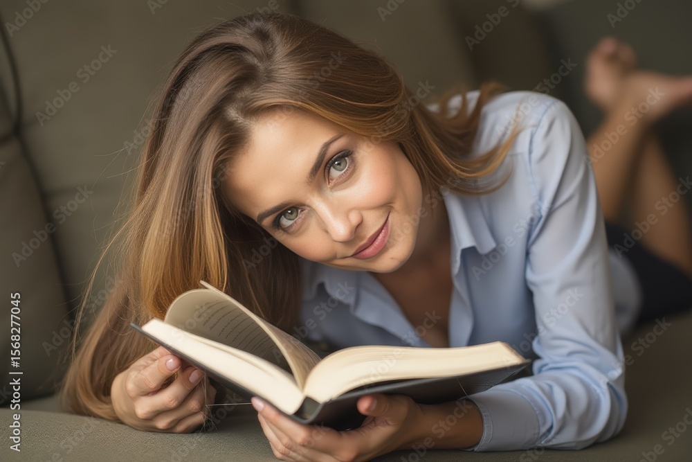 Woman with long brown hair lying on a sofa, reading a book. Woman with long brown hair lying on a sofa, reading a book.