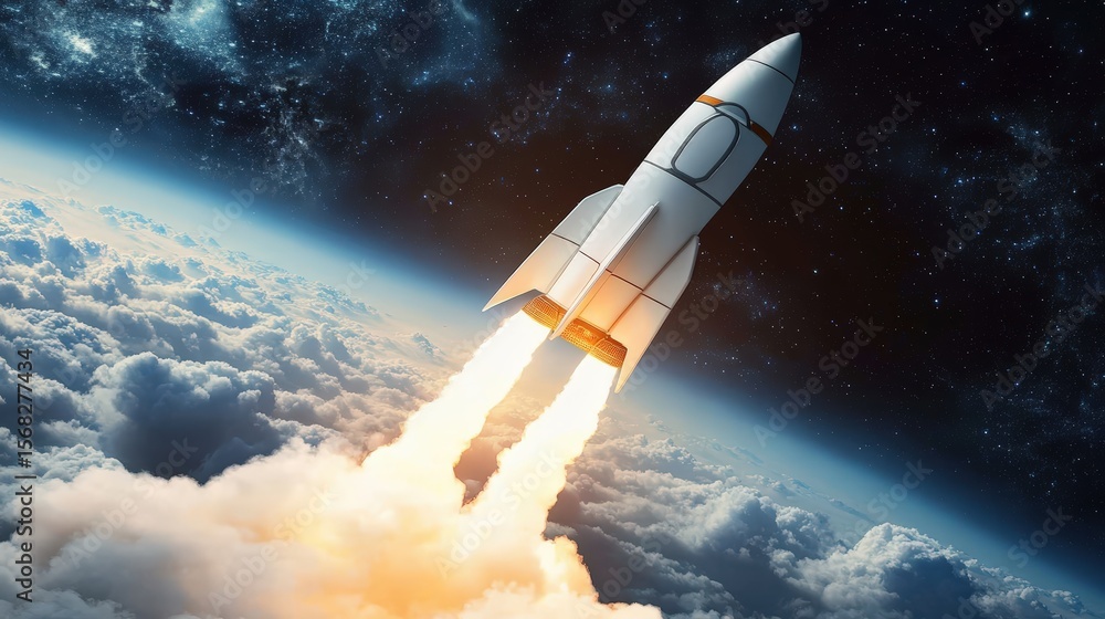 Obraz premium Powerful rocket launching from Earth into space with fiery exhaust and starry background in science fiction style