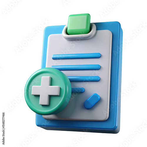 3d medical clipboard with plus icon isolated on transparent background