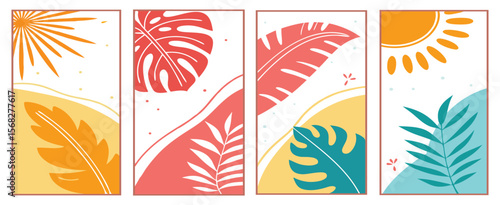Summer social media story templates. Abstract vector backgrounds with tropical leaves and sun for Instagram, posters, or cards.