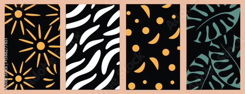 Abstract wall art panels. Minimalist vector poster set with sun, leaf, and wave patterns for modern home decor or social media.