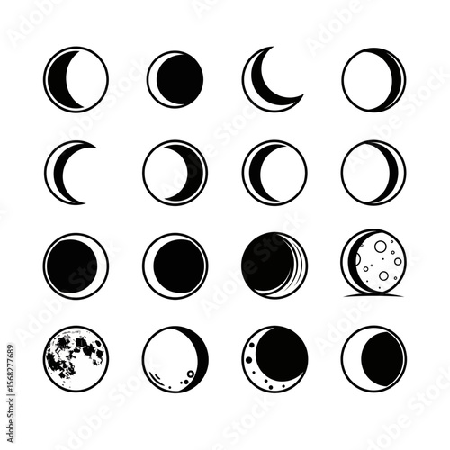 A collection of various moon phases, from new moon to full moon, displayed in a grid format.