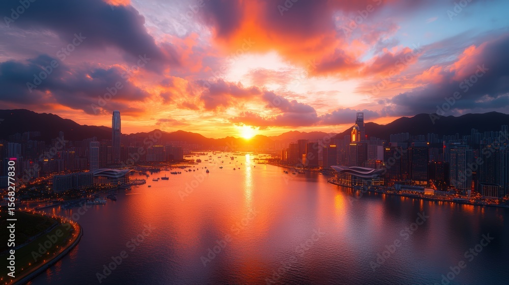 Obraz premium Stunning panoramic view of a vibrant sunset over a city skyline with a river and mountain range in the background