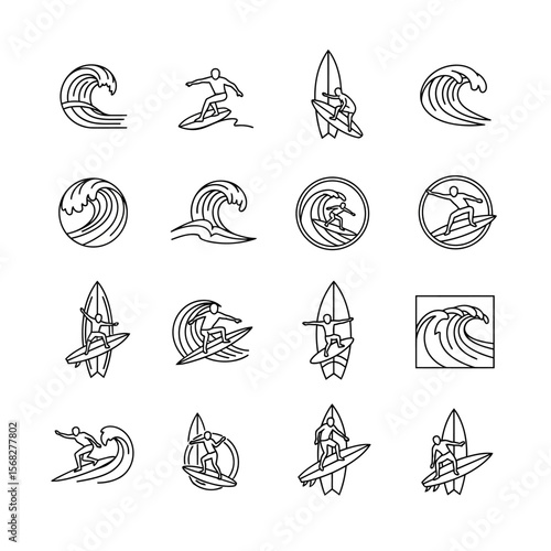 Collection of line art illustrations depicting surfers riding waves on surfboards in various poses and compositions.