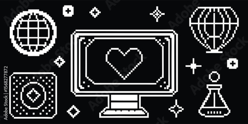Pixel art retro computer UI. Nostalgic 8-bit game style vector graphic for posters, t-shirts, or game assets.