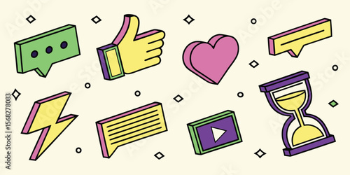 Isometric social media icon set. Retro 3D vector graphics with like, heart, and chat bubble for marketing, web, and app UI.