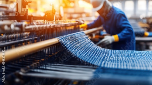Large industrial manufactu factory with machinery and worker assembling metal components for production