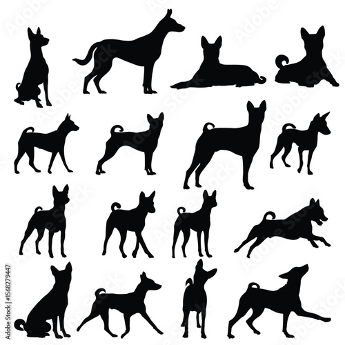 Array of black dog silhouettes in various poses on a white background