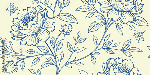 Vintage Peony Floral Seamless Pattern. Blue line art botanical vector background with hand drawn flowers for fabric, wallpaper, or wedding invitations.