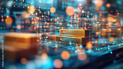 High-tech digital data network with glowing glowing data blocks and interconnected futuristic circuit lines