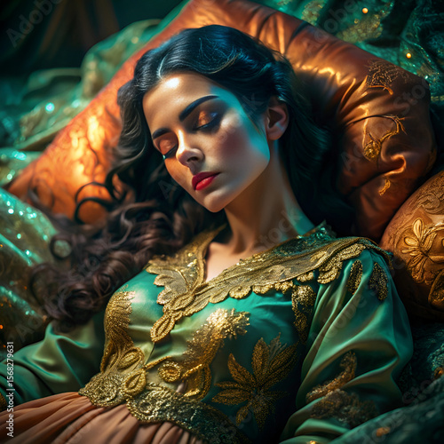 A glamorous woman models a traditional red and gold carnival costume, featuring striking makeup, elaborate hair, and artistic jewelry that frames her captivating eyes