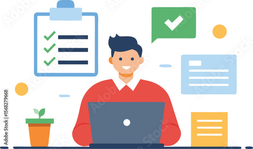 Man working on laptop completing checklist tasks