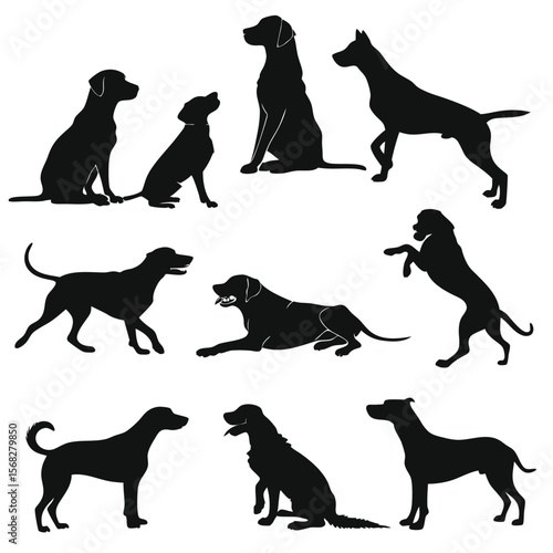 Nine black dog silhouettes in various poses set against a white background