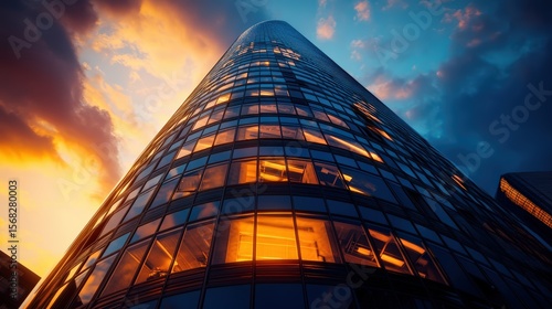 Wallpaper Mural Tall modern glass office building reflecting sunset sky with vibrant orange and blue tones, urban skyline view Torontodigital.ca