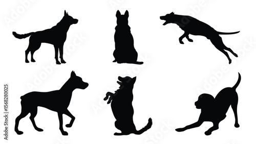 Silhouette of six dogs in various poses against a white background