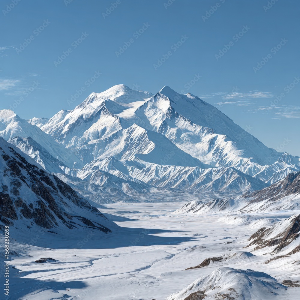 Naklejka premium Snowy Mountains and Valley Landscape Under Blue Sky