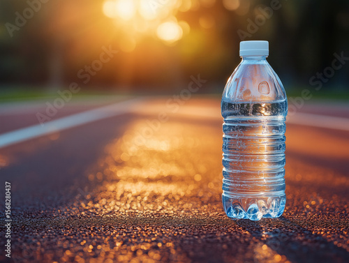 Plastic Water Bottle on Running Track at Sunset – Wellness and Sport Theme