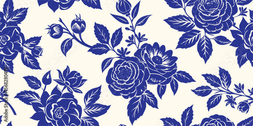 Vintage Rose Floral Seamless Pattern. Blue botanical vector background with hand drawn flowers for fabric, wallpaper, or wedding invitations.