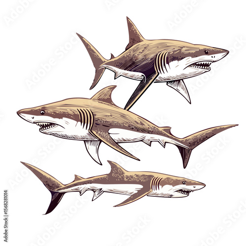 vintage etching illustration design of 3 sharks swimming