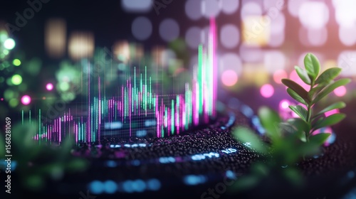 Digital data visualization with colorful graphs and charts on a futuristic screen with green plant accents