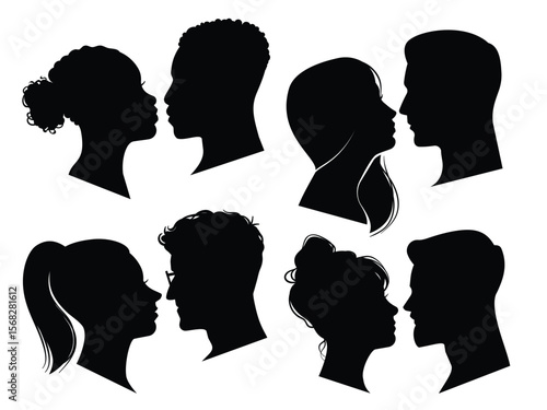 Silhouetted profiles of four couples facing and noses touching