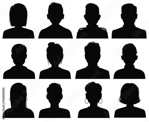 Twelve silhouette images of various hairstyles and necklines are arranged in a 3x4 grid on a white background
