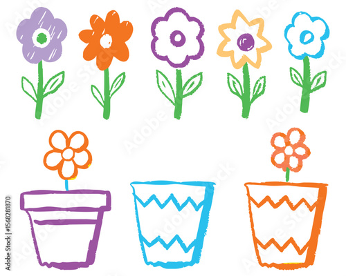 Colorful blooming flowers in pots, a vibrant set illustrating the beauty of spring and summer nature