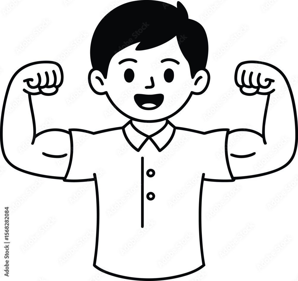 Strong man flexing bicep muscles, a line art illustration for health, power, and confidence. Strong man flexing bicep muscles, a line art illustration for health, power, and confidence.