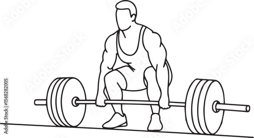 continuous line drawing of a weightlifter holding barbell across chest in athletic pose with modern black and white style