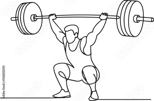 continuous line drawing of a weightlifter holding barbell across chest in athletic pose with modern black and white style