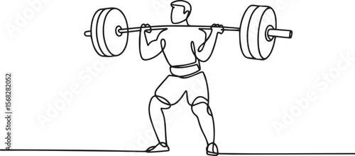continuous line drawing of a weightlifter holding barbell across chest in athletic pose with modern black and white style