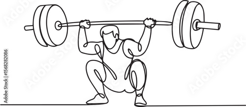 continuous line drawing of a weightlifter holding barbell across chest in athletic pose with modern black and white style