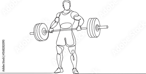continuous line drawing of a weightlifter holding barbell across chest in athletic pose with modern black and white style