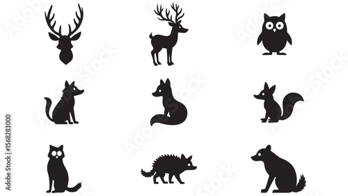 Collection of cute black animal silhouettes on a white background