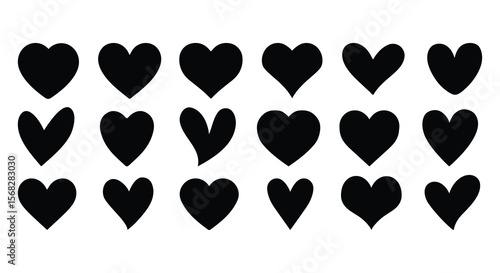 An array of 18 black heart shapes in three rows against a white backdrop