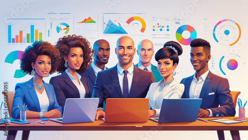 Vector illustration of diverse business team brainstorming with graphs and technology elements