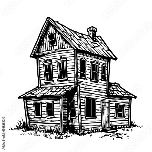 Vintage Residence: An aged house stands stoically, its silhouette meticulously drawn, presenting a detailed sketch of a traditional dwelling with character and history.