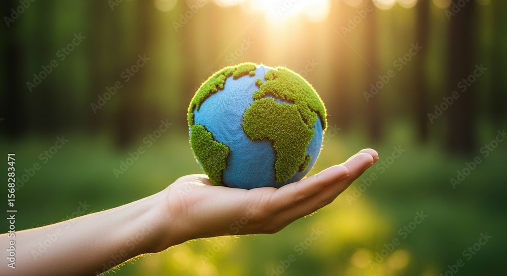Hand holding a globe covered in moss under warm sunlight Hand holding a globe covered in moss under warm sunlight