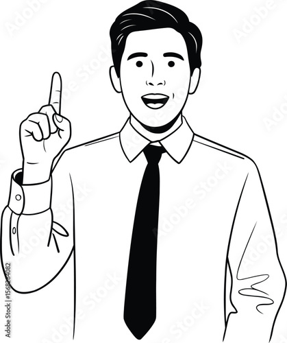 Businessman has a great idea illustration, pointing a finger up for a solution or eureka moment.